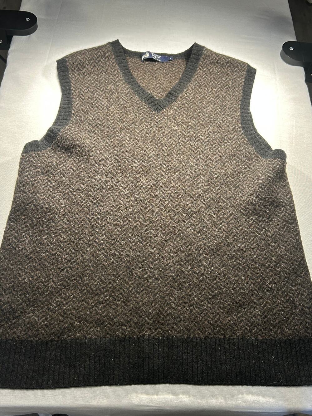 J.Crew Lambswool Brown Herringbone V-Neck Sweater Vest Size Large